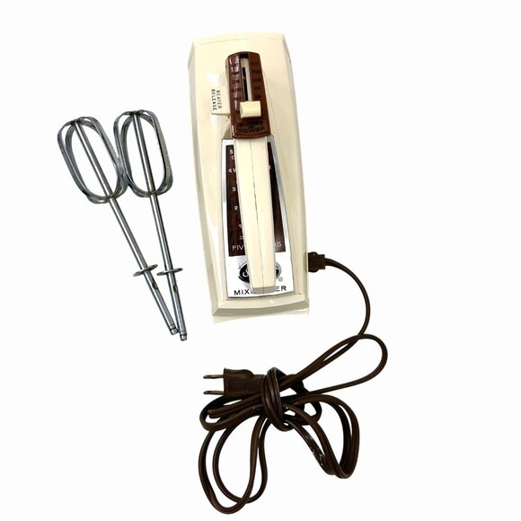 VINTAGE SUNBEAM MIXMASTER 5-SPEED TAN & BROWN HAND MIXER W/ BEATERS - Picture 5 of 10